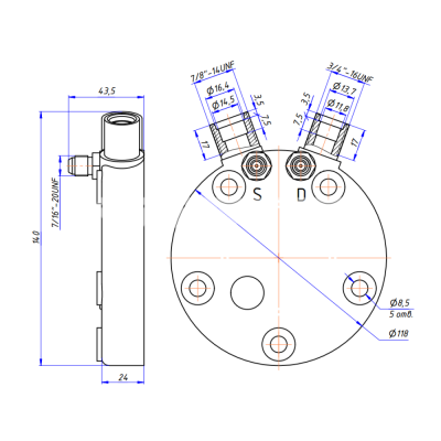 RC-U08084 Крышка компрессора на Sanden 5Н, выходы - вертикальные, O-Ring, 3/4"-16UNF, 7/8"-14UNF, с заправочными портами