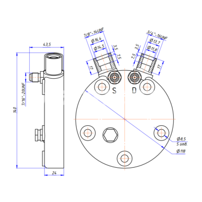 RC-U08578 Крышка компрессора на Sanden 5H, выходы — вертикальные, O-Ring, 3/4"-16UNF, 7/8"-14UNF, с заправочными портами, аварийный клапан