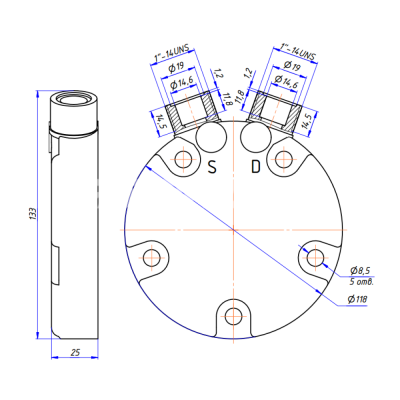 RC-U08176 Крышка компрессора на Sanden 5Н, выходы - вертикальные, O-Ring, 1"-14UNS, 1"-14UNS