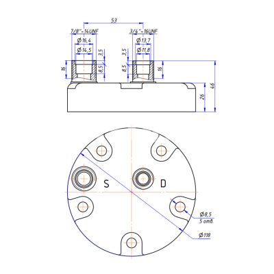 RC-U0813 Крышка компрессора на Sanden 5Н, выходы - горизонтальные, O-Ring, 3/4"-16UNF, 7/8"-14UNF