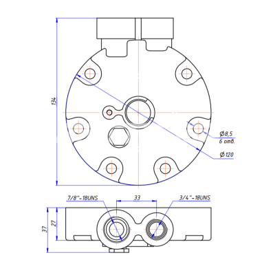 RC-U08586 Крышка компрессора на Sanden 7Н, 3/4"-18UNS, 7/8"-18UNS, аварийный клапан. Аналог на Ford Sterling