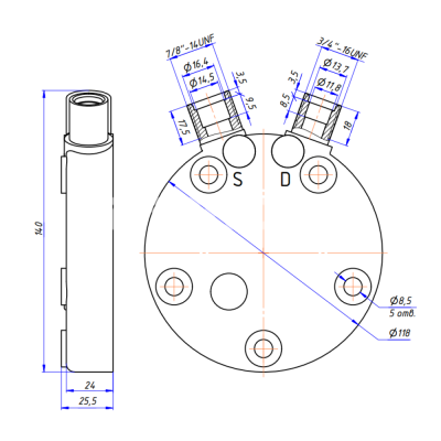 RC-U0815 Крышка компрессора на Sanden 5Н, выходы - вертикальные, O-Ring, 3/4"-16UNF, 7/8"-14UNF