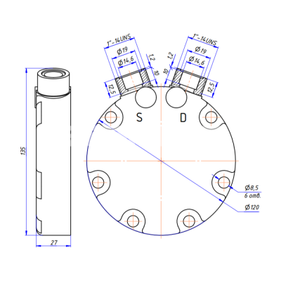 RC-U08177 Крышка компрессора на Sanden 7Н, выходы - вертикальные, O-Ring, 1"-14UNS, 1"-14UNS