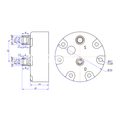 RC-U08583 Крышка компрессора на Sanden 7Н, выходы - горизонтальные, O-Ring, 3/4"-16UNF, 7/8"-14UNF