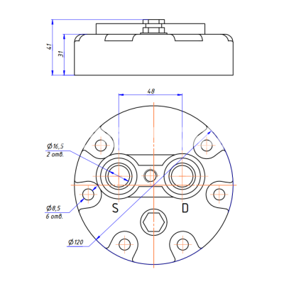 RC-U08182 Крышка компрессора на Sanden 7H, выходы - горизонтальные, вход Ø 16,5 мм., выход Ø 16,5 мм, аварийный клапан