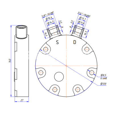 RC-U0816 Крышка компрессора на Sanden 7Н, выходы - вертикальные, O-Ring, 3/4"-16UNF, 7/8"-14UNF