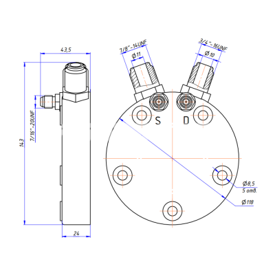 RC-U08175 Крышка компрессора на Sanden 5Н, выходы - вертикальные, Flayer, 3/4"-16UNF, 7/8"-14UNF, с заправочными портами