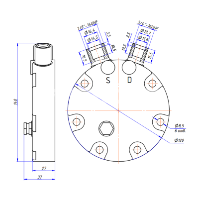 RC-U08183 Крышка компрессора на Sanden 7Н, выходы - вертикальные, O-Ring, 3/4"-16UNF, 7/8"-14UNF, аварийный клапан