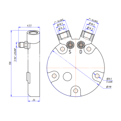 RC-U08189 Крышка компрессора на Sanden 5Н, выходы - вертикальные, O-Ring, 1"-14UNS, 1"-14UNS, с заправочными портами