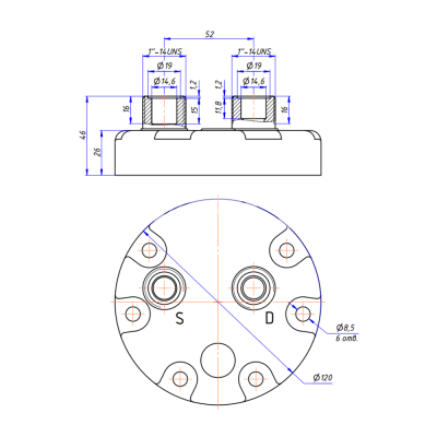 RC-U08085 Крышка компрессора на Sanden 7H, выходы - горизонтальные, O-Ring, 1"-14UNS, 1"-14UNS